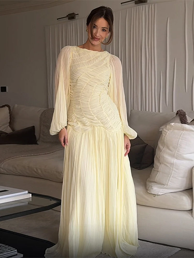 Linen Dress Wrap - BWQ Elegant Chiffon Pleated Long Dress