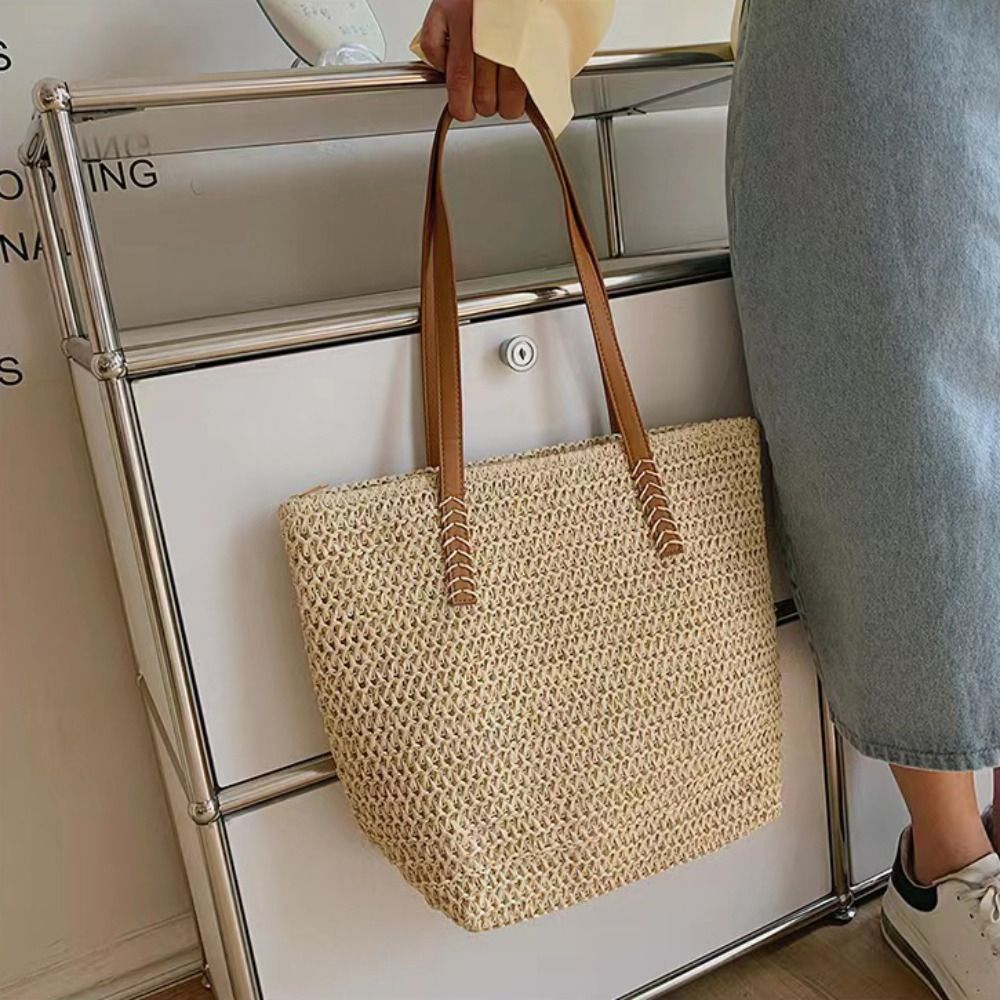 Tote Bag Beach - Casual Solid Color Weave Straw Tote