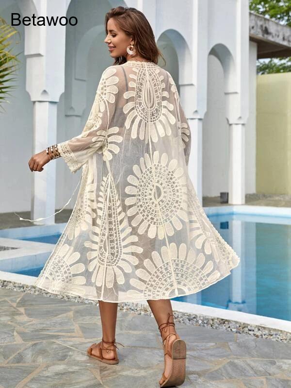 Women White Boho Floral Hollow - Kimono Sheer Floral avaliação e preço