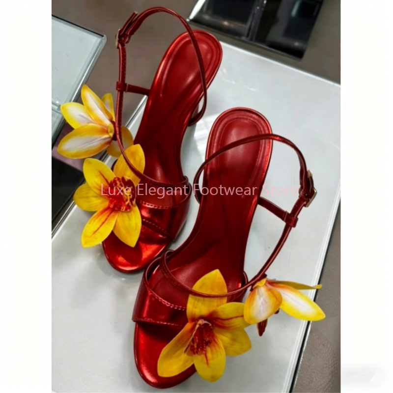 Red Flower Decor Back Strap Ho - Sandal Strappy Heeled avaliação e preço