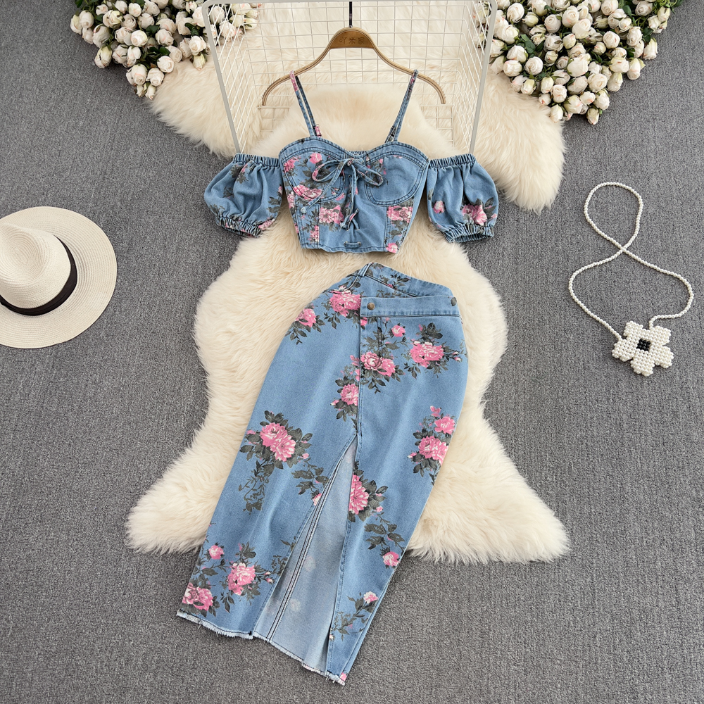 Fashion Floral Print Denim Ski - Romper Floral Print avaliação e preço