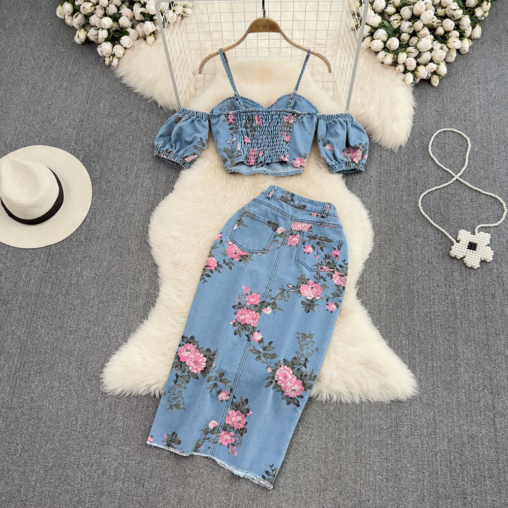 Fashion Floral Print Denim Ski - Romper Floral Print avaliação e preço
