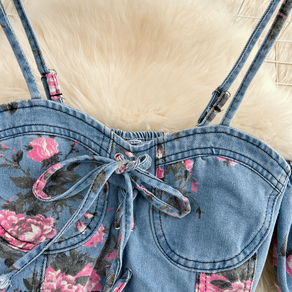 Fashion Floral Print Denim Ski - Romper Floral Print avaliação e preço