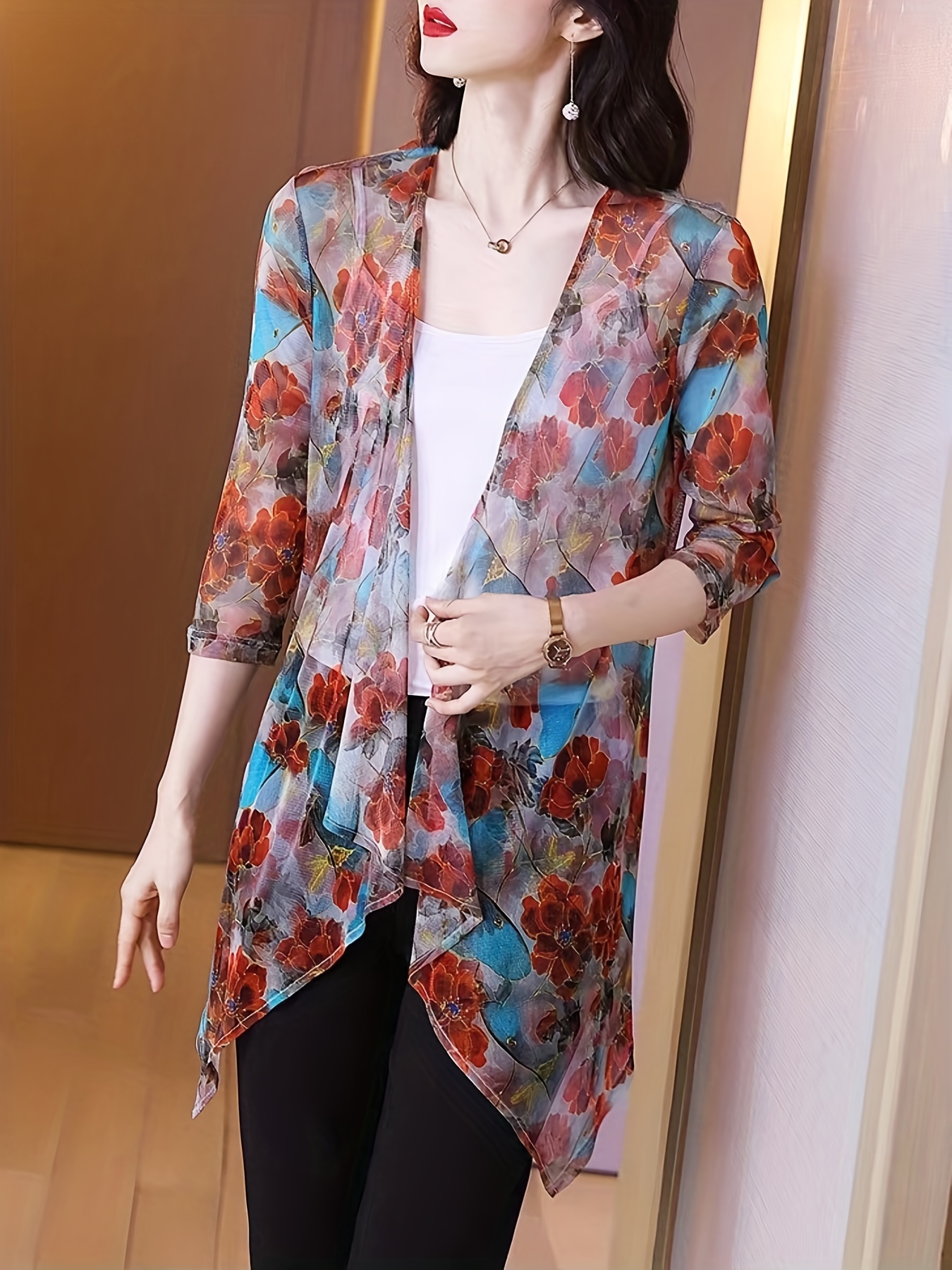 Women's Elegant Sheer Mesh Car - Kimono Sheer Floral avaliação e preço