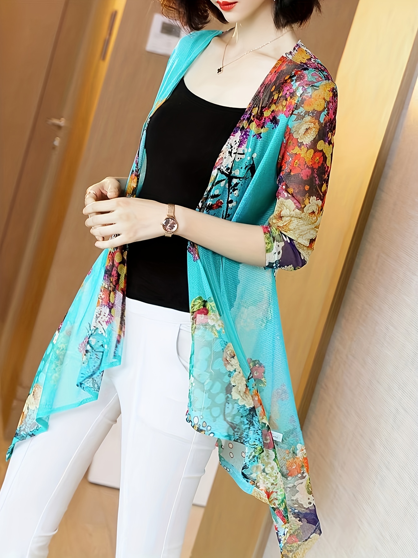 Women's Elegant Sheer Mesh Car - Kimono Sheer Floral avaliação e preço