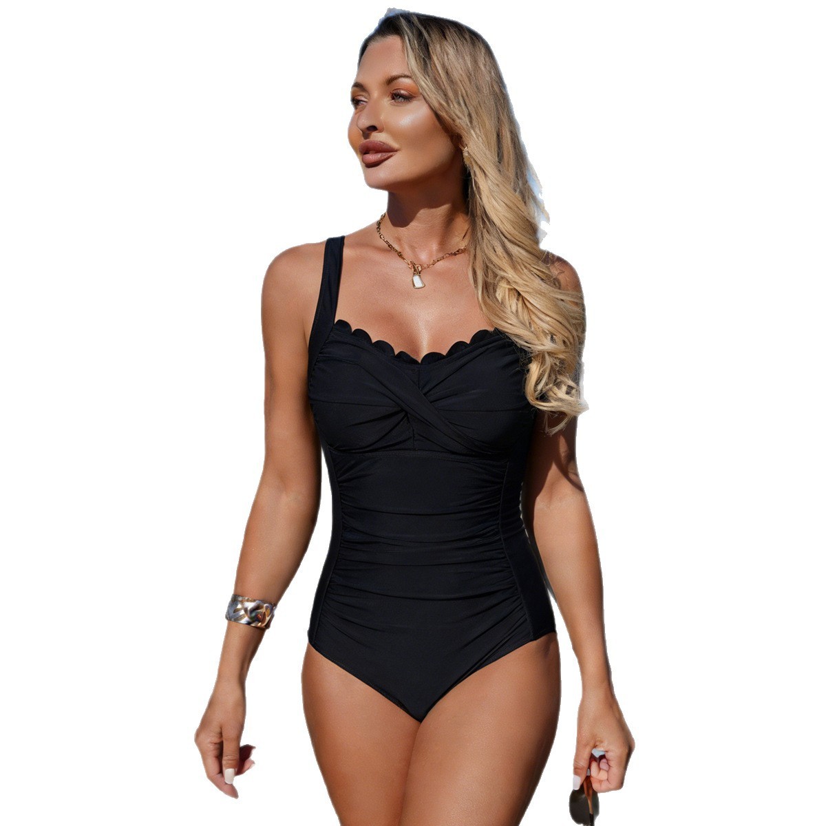Black Swimsuit Scalloped Neckl - Swimsuit Bikini Ruched avaliação e preço