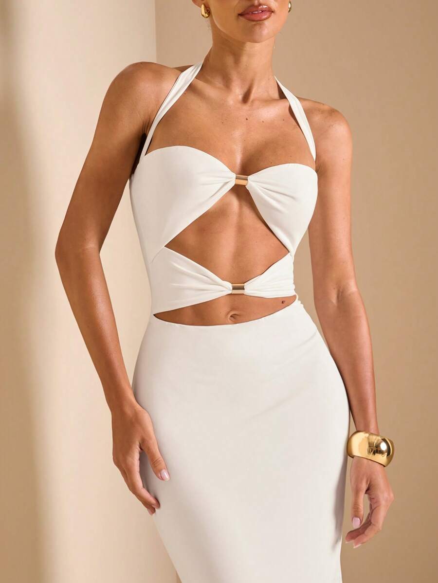 White Cut Out Halter Neck Fitt - Maxi Dress Halter avaliação e preço