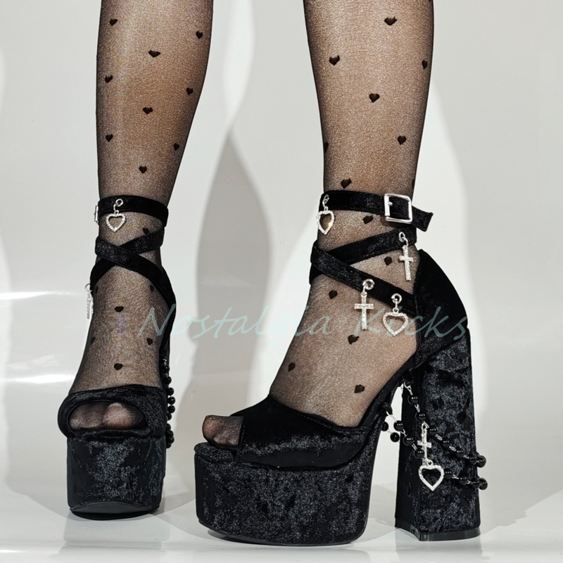 Gothic Black Velvet Platform H - Sandal Strappy Heeled avaliação e preço