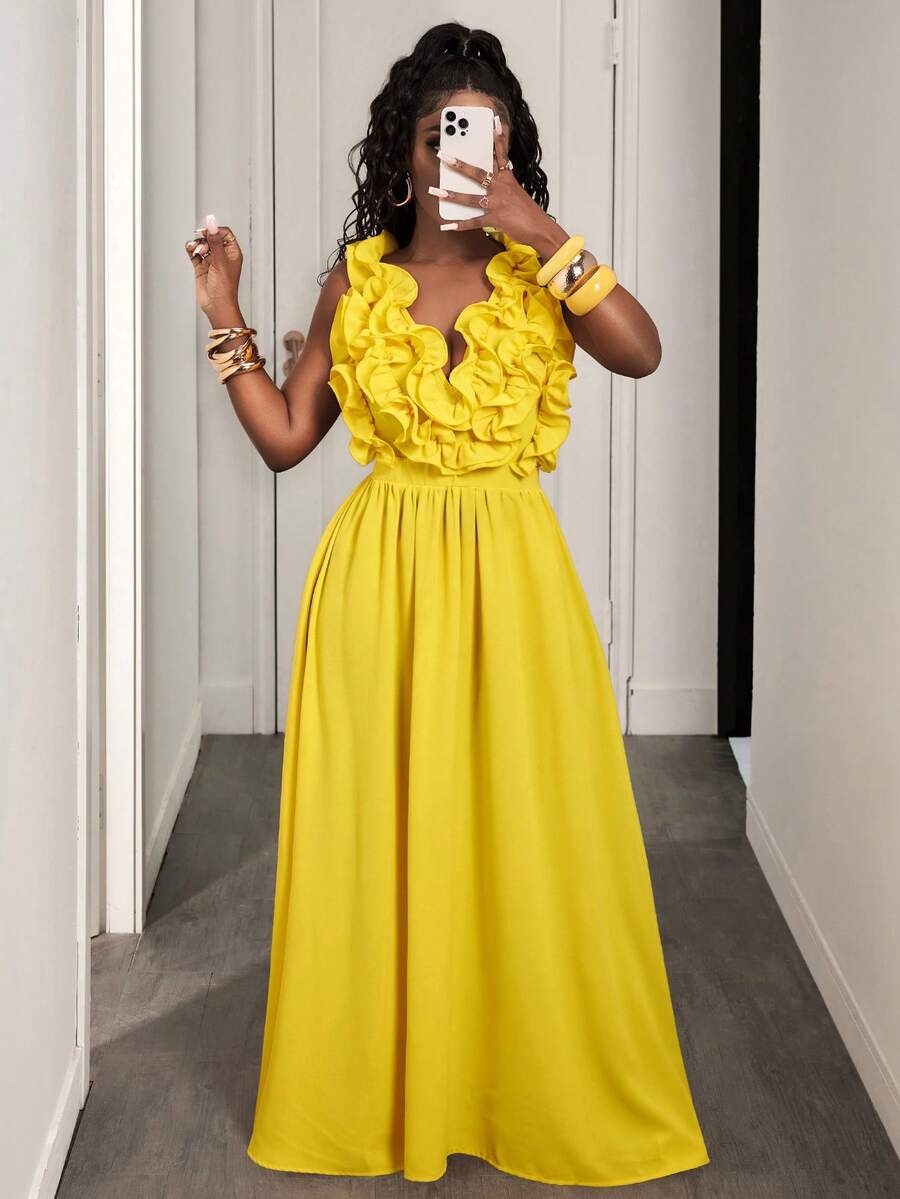Yellow Deep V-Neck Ruffle Halt - Maxi Dress Halter avaliação e preço