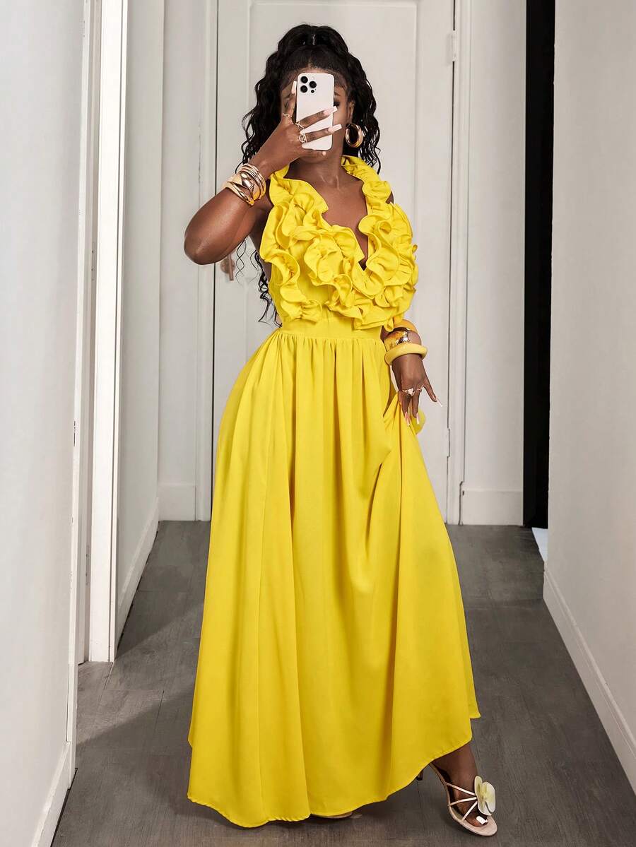 Yellow Deep V-Neck Ruffle Halt - Maxi Dress Halter avaliação e preço