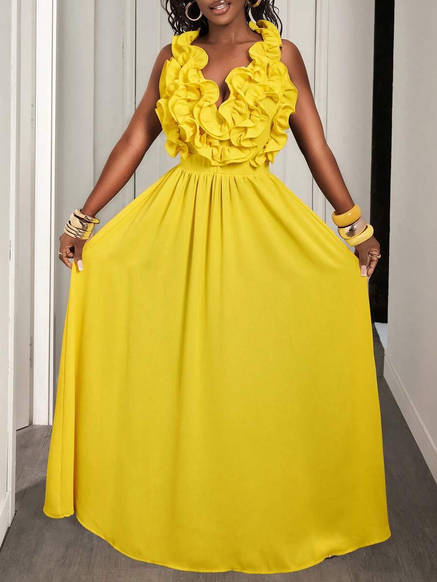 Yellow Deep V-Neck Ruffle Halt - Maxi Dress Halter avaliação e preço