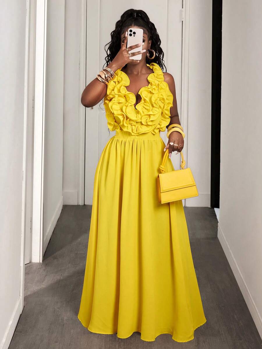 Yellow Deep V-Neck Ruffle Halt - Maxi Dress Halter avaliação e preço
