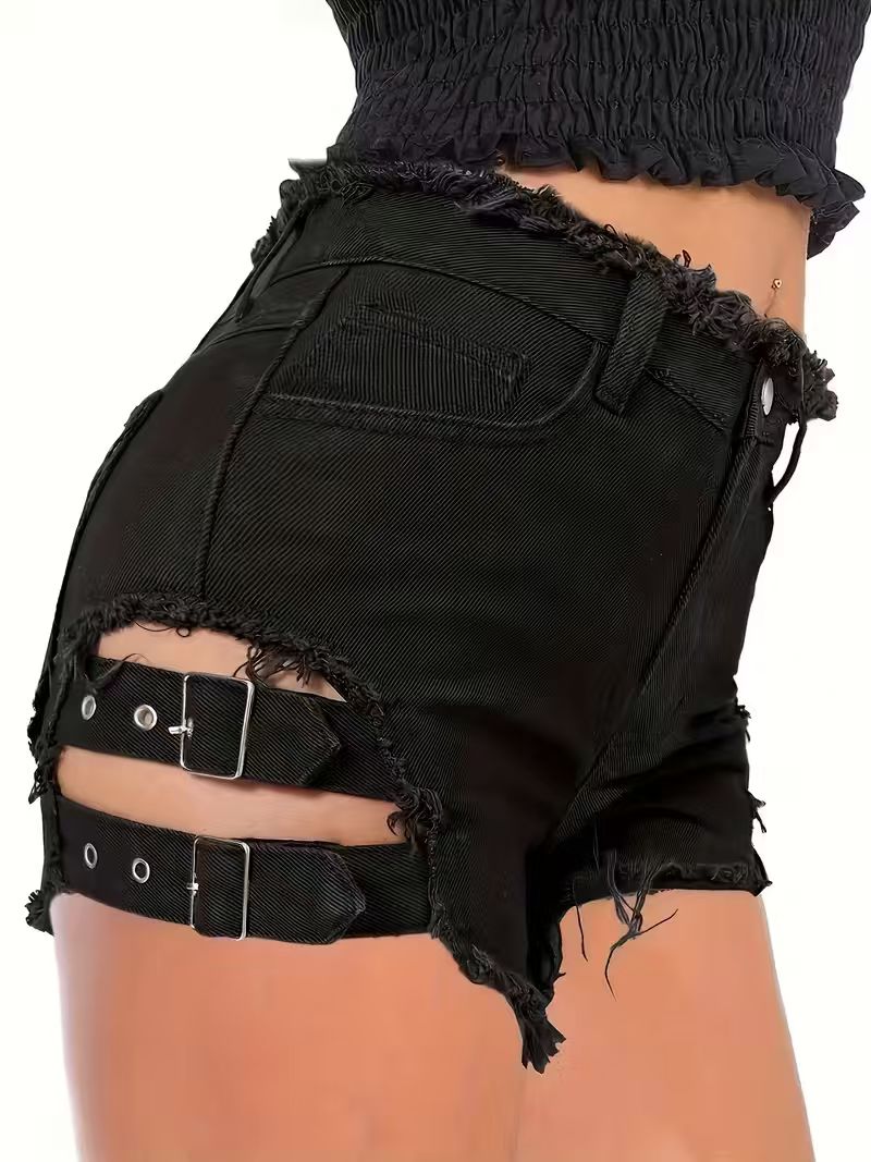 Women's Black Denim Shorts Low - Shorts Denim Frayed avaliação e preço