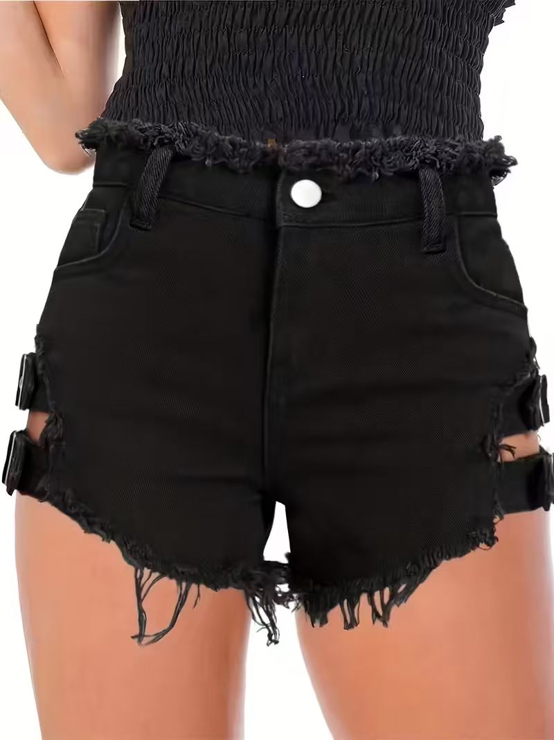 Women's Black Denim Shorts Low - Shorts Denim Frayed avaliação e preço