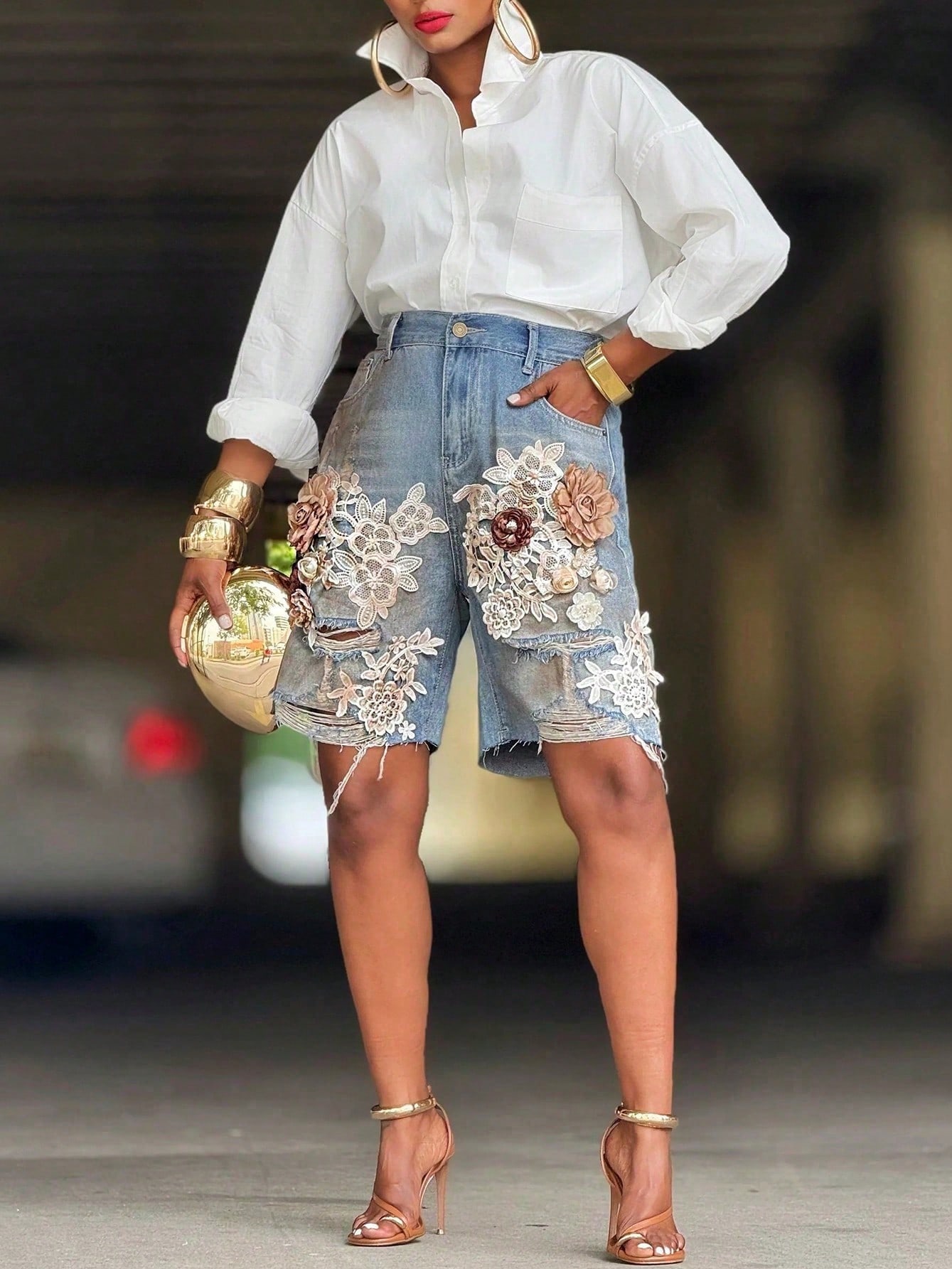 GLOURI Women 3D Floral Appliqu - Shorts Denim Frayed avaliação e preço