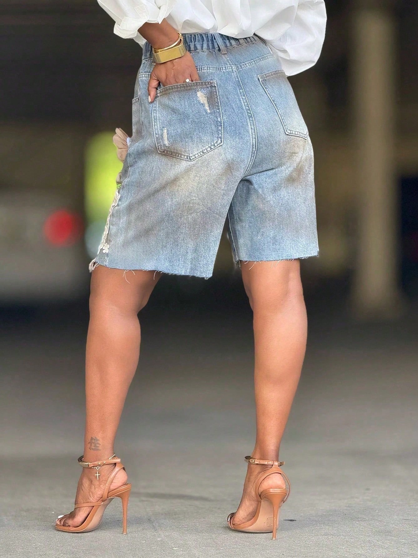 GLOURI Women 3D Floral Appliqu - Shorts Denim Frayed avaliação e preço