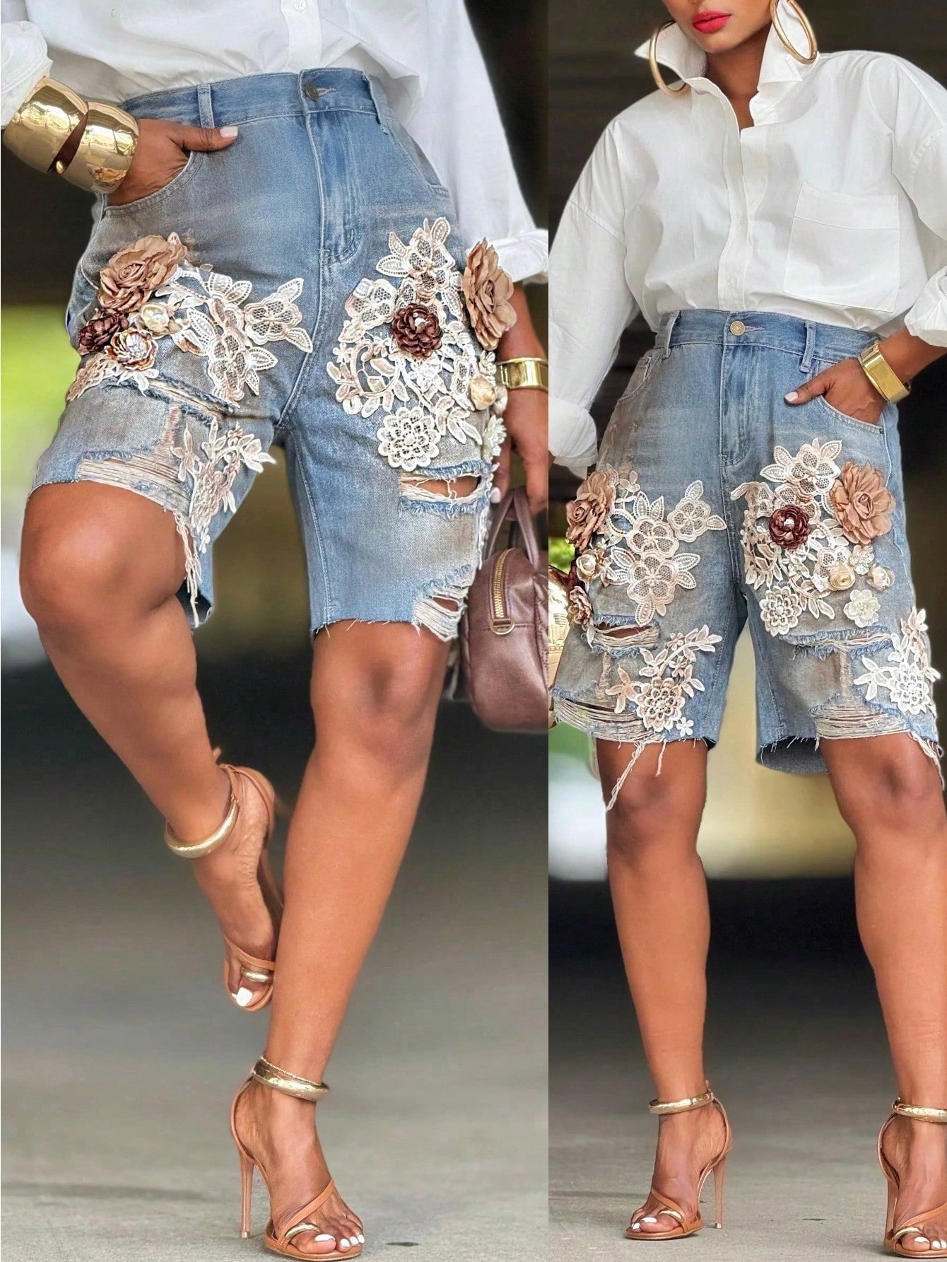 GLOURI Women 3D Floral Appliqu - Shorts Denim Frayed avaliação e preço