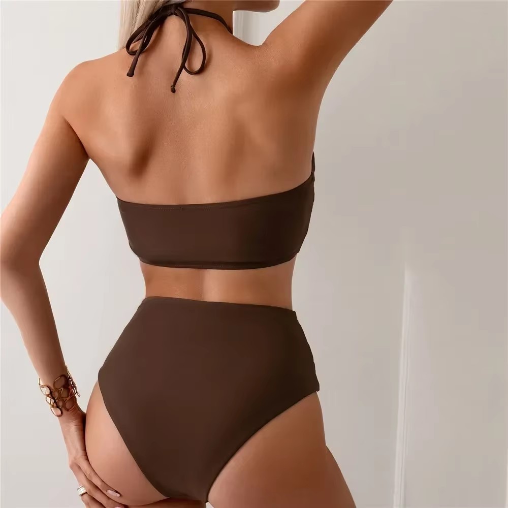 Dark Brown Solid Swimwears Hal - Swimsuit Bikini Ruched avaliação e preço
