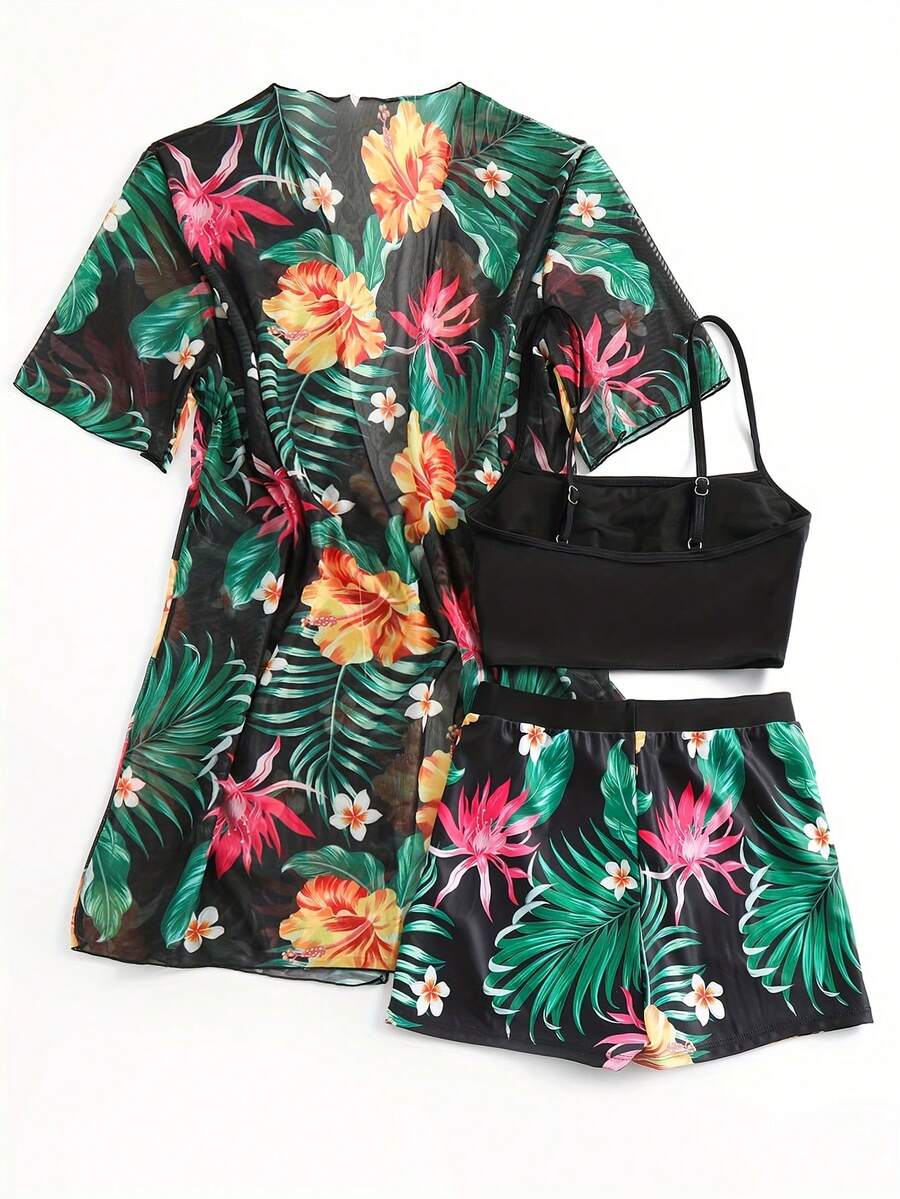 Floral Print 3-Piece Swim Set: - Kimono Sheer Floral avaliação e preço
