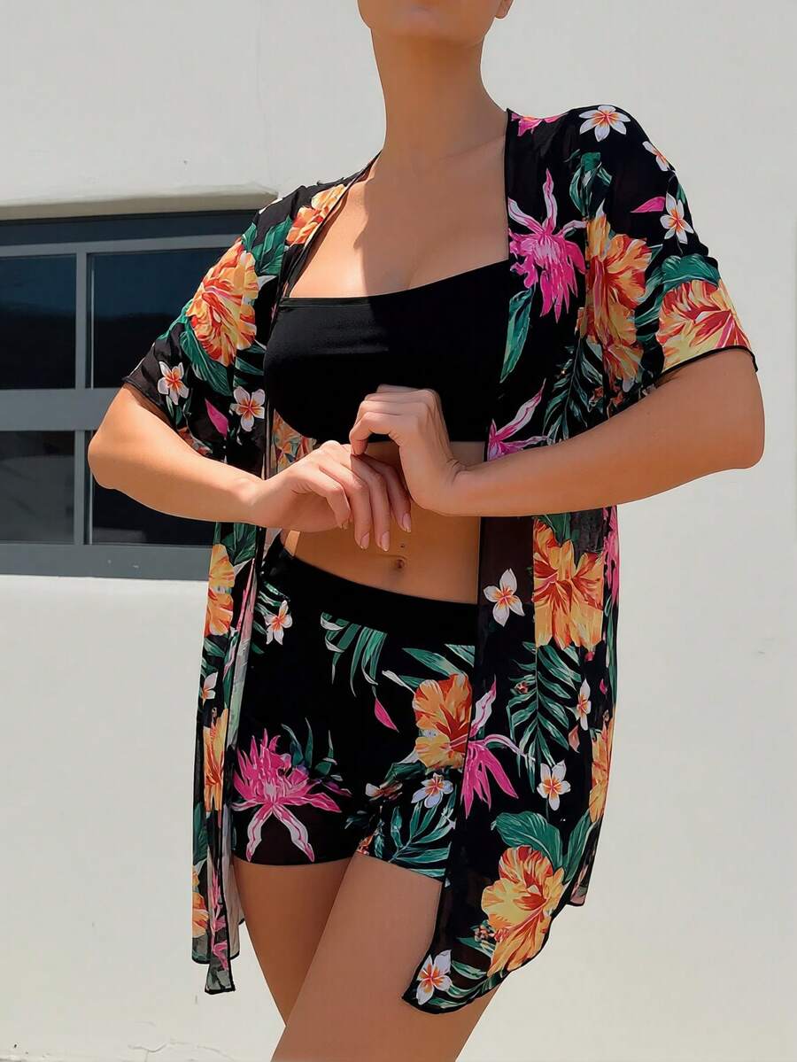 Floral Print 3-Piece Swim Set: - Kimono Sheer Floral avaliação e preço