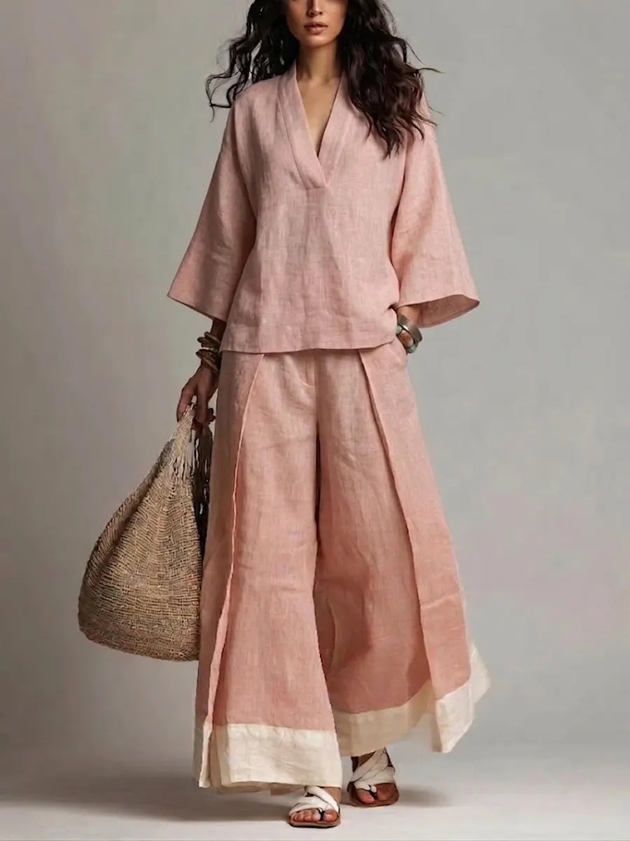 Summer Women V-neck Cotton Lin - Linen Pant Wide avaliação e preço