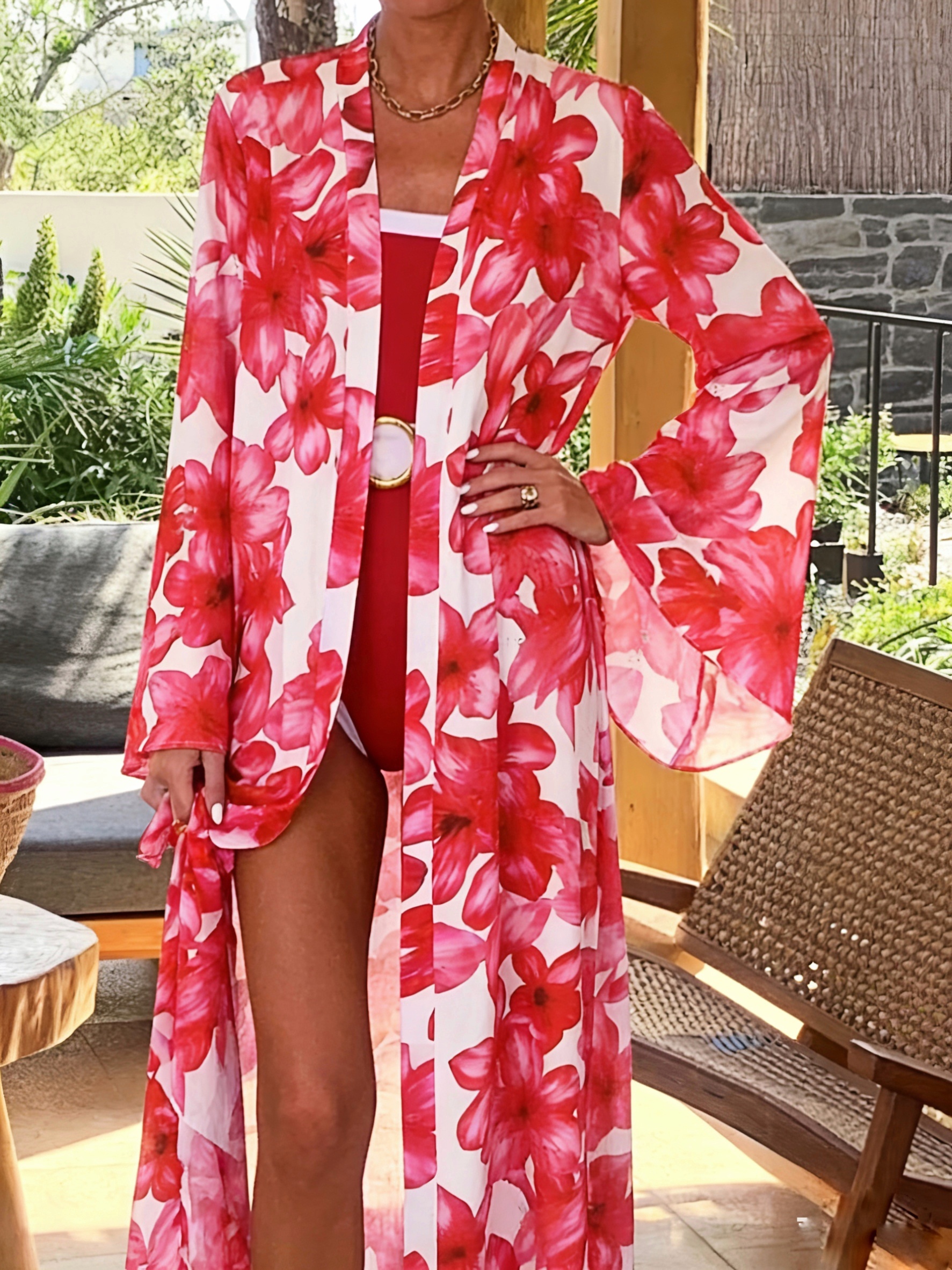 Women's Red Floral Kimono Robe - Kimono Sheer Floral avaliação e preço