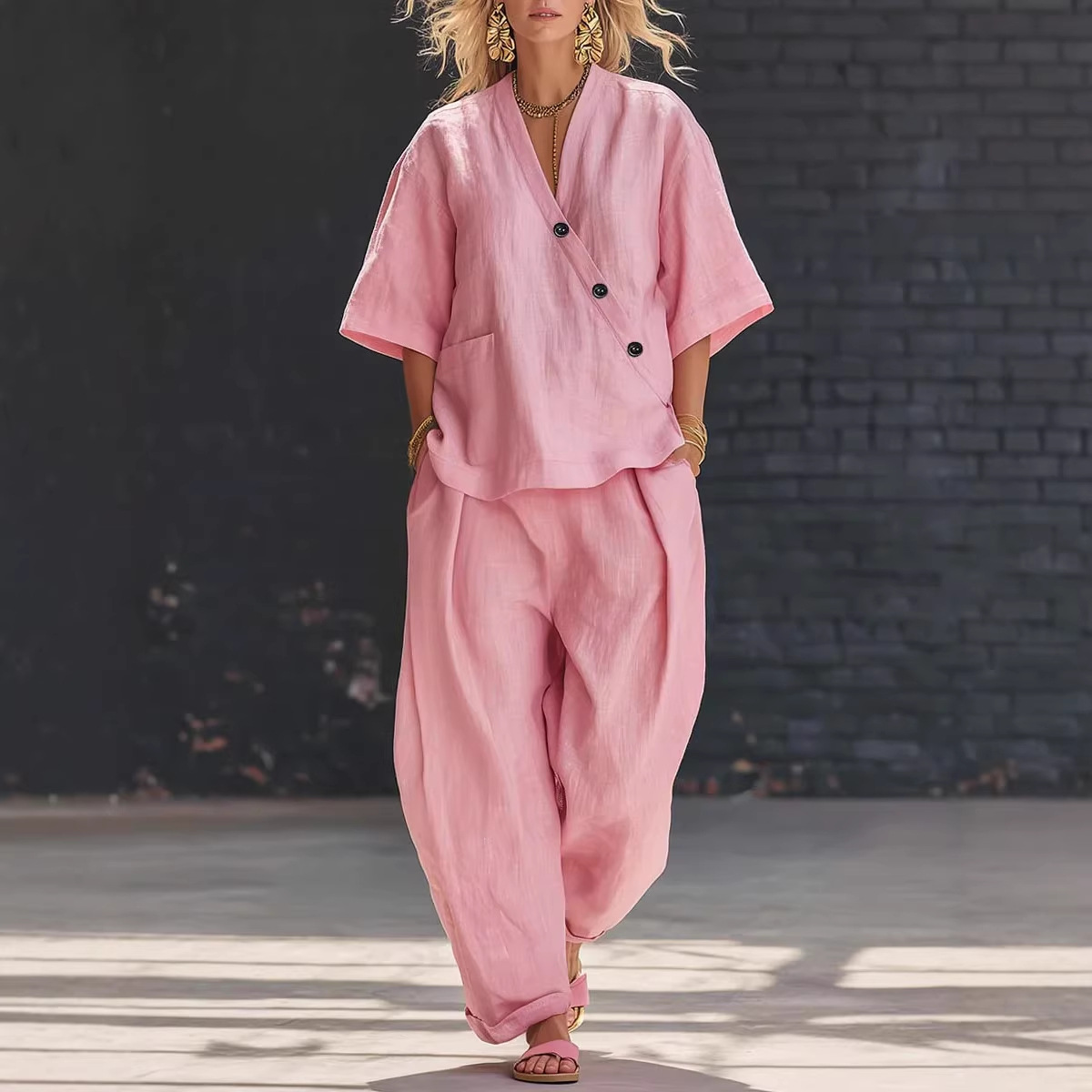 Women’s Two Piece Set Loose V  - Linen Pant Wide avaliação e preço