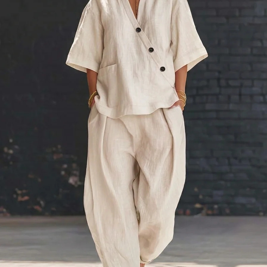 Women’s Two Piece Set Loose V  - Linen Pant Wide avaliação e preço