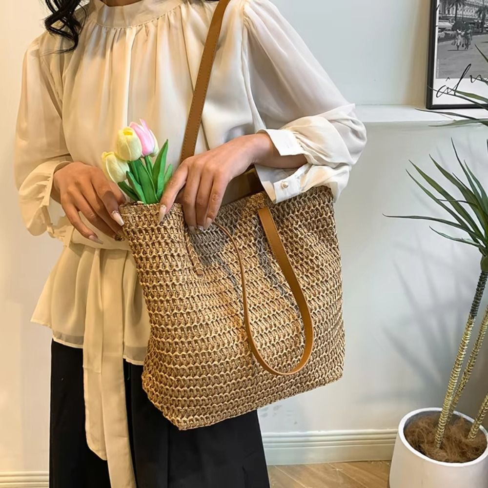 Simple Solid Color Weave Straw - Tote Bag Beach avaliação e preço