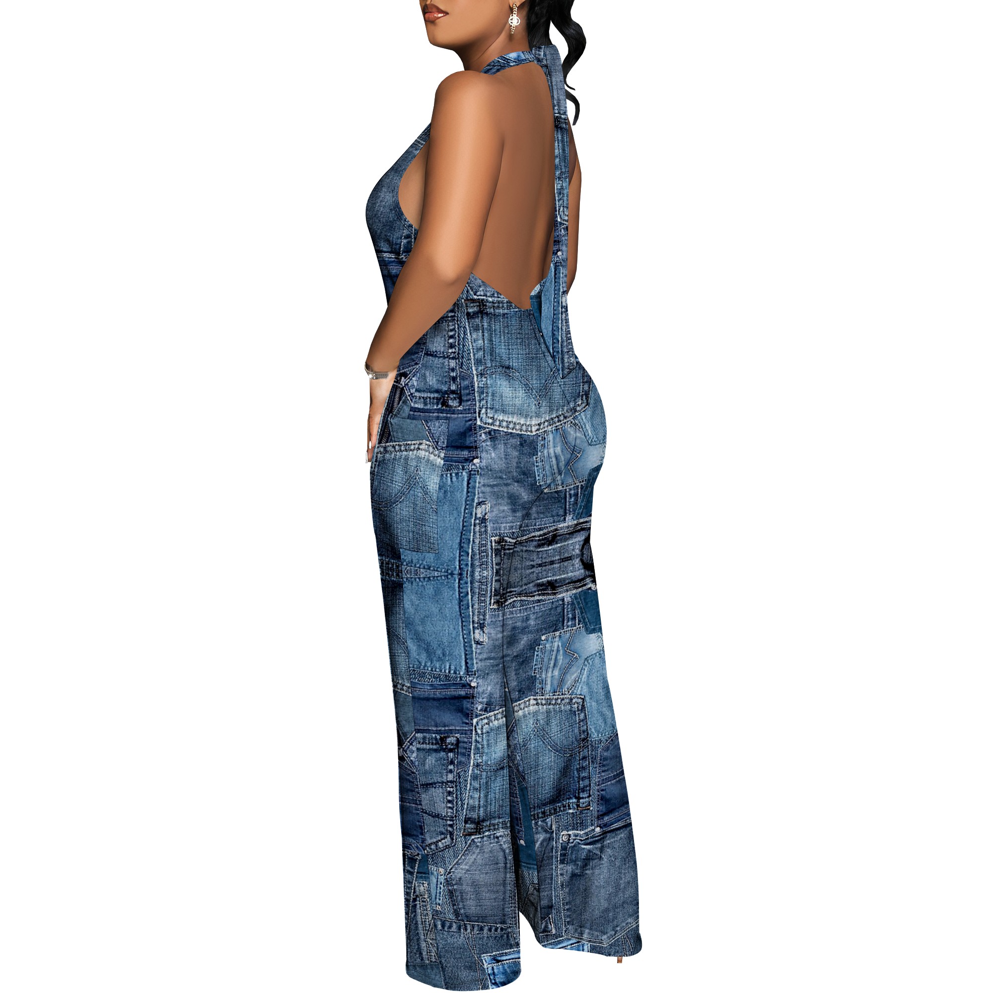 Denim Patchwork Halter V-Neck  - Maxi Dress Halter avaliação e preço