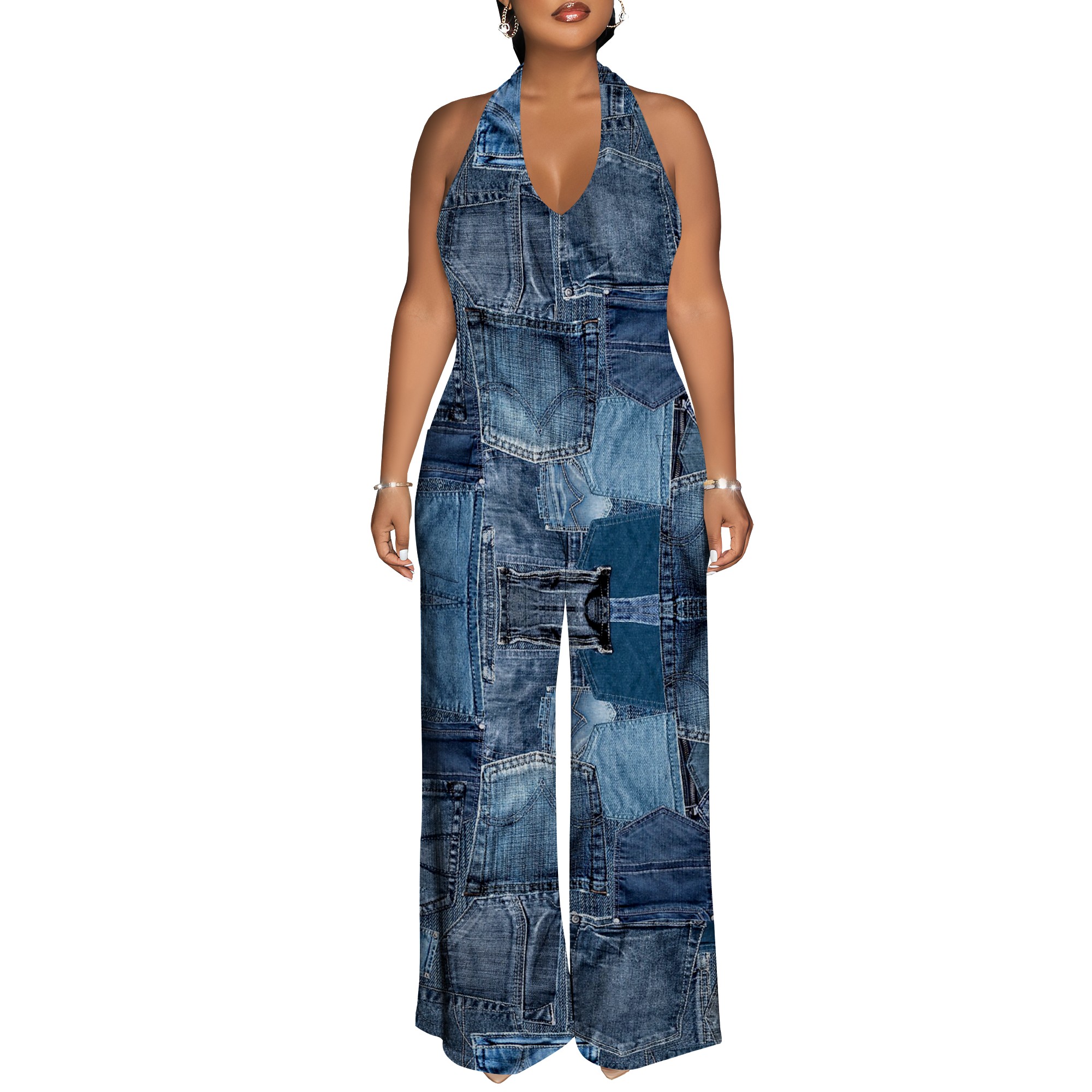 Denim Patchwork Halter V-Neck  - Maxi Dress Halter avaliação e preço