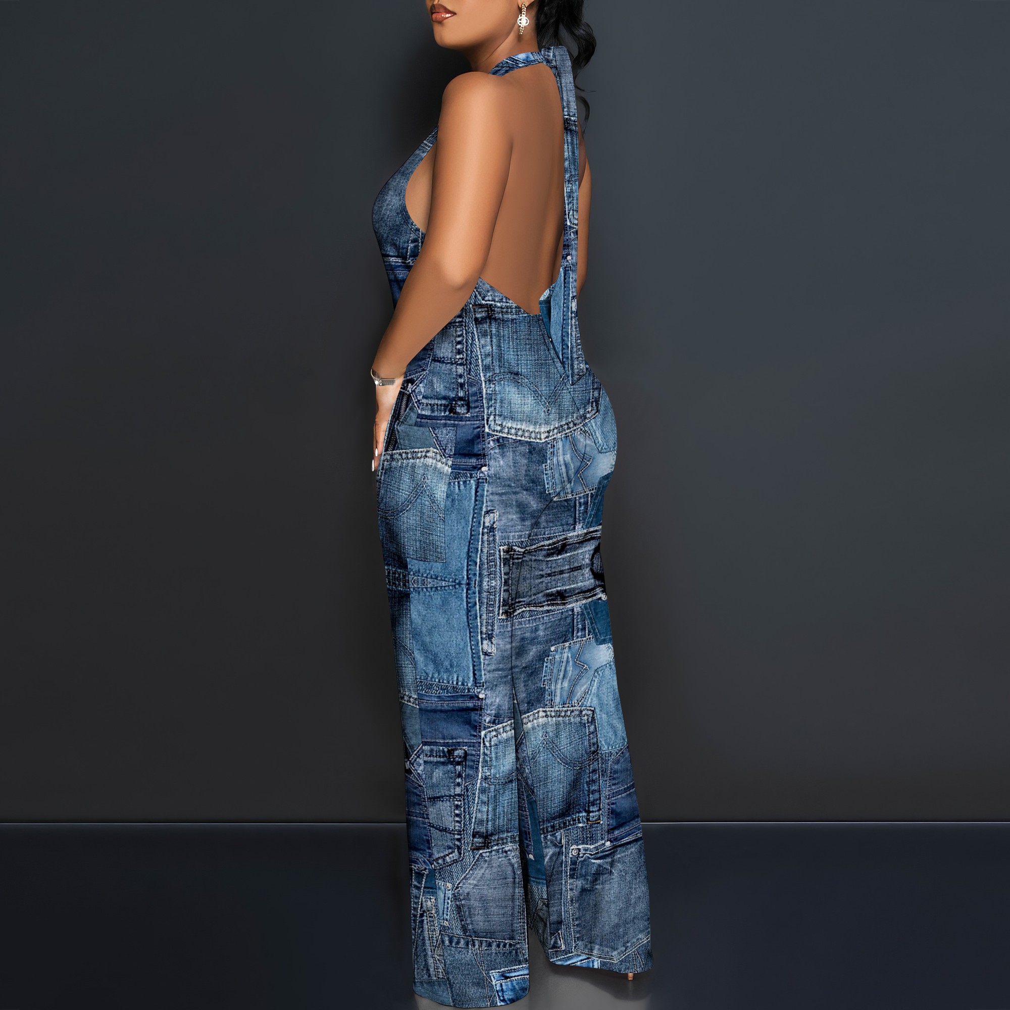 Denim Patchwork Halter V-Neck  - Maxi Dress Halter avaliação e preço