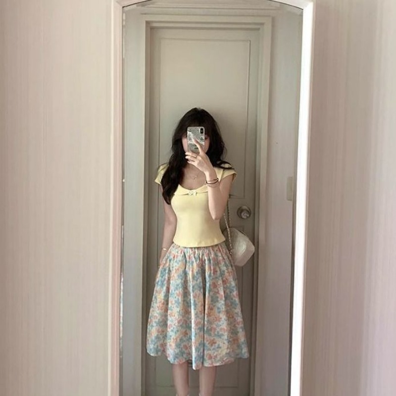 Women 2 Piece Set Bow Top And  - Midi Skirt Floral avaliação e preço