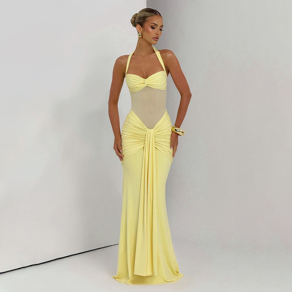 Elegant Patchwork Maxi Dress f - Maxi Dress Halter avaliação e preço